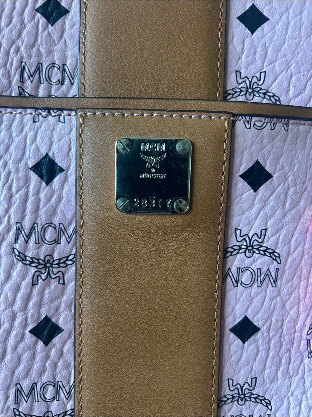 MCM Pink Monogram Tote with Brown Leather Trim - Picture 2 of 10